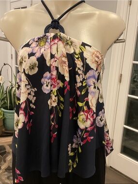 White House Black Market Navy Floral Ring-Detail Halter